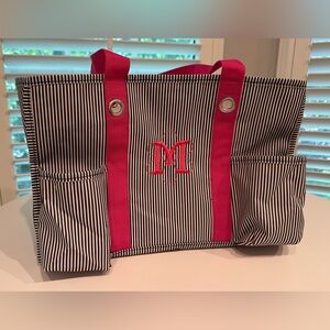 Thirty-One Bag, Elegant Striped Tote Bag with Pink Highlights.Monogram“M”